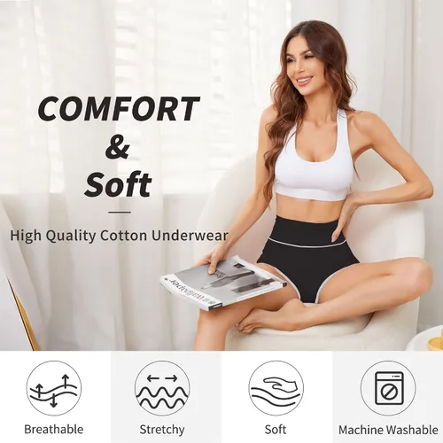 Vista 2 de Migbean Ropa interior de algodón para mujer, de cintura alta, calzones elásticos, paquete múltiple