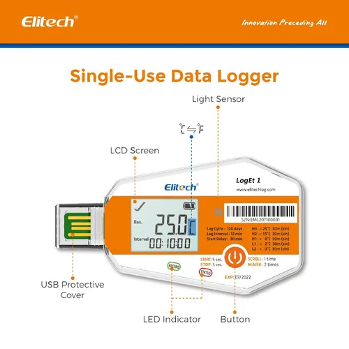 Vista 4 de Elitech LogEt1TH - Paquete de 1000 registradores de datos desechables certificados por PQS, sensor de luz y humedad de temperatura, pedidos a granel