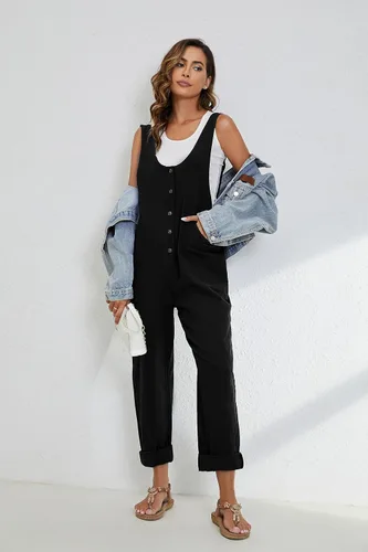 Vista 4 de LTSCNRM Overol de lino y algodón para mujer, para verano, casual, holgado, sin mangas, con correas ajustables y bolsillos
