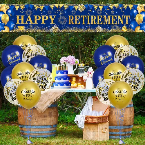Vista 2 de Decoraciones de feliz jubilación: pancarta grande azul marino dorado con 18 globos para hombres y mujeres, fiestas, cabina de fotos, suministros