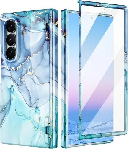 Vista 31 de Btscase Funda para Samsung Galaxy Z Fold 5, protector de pantalla frontal integrado, patrón de mármol dorado con purpurina de policarbonato duro