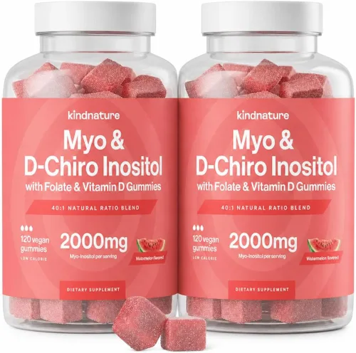 Vista 10 de kindnature Gomitas de mio-inositol y D-Chiro inositol para mujeres, 2000 mg + 50 mg, proporción ideal 40:1, con vitamina D y folato, equilibrio