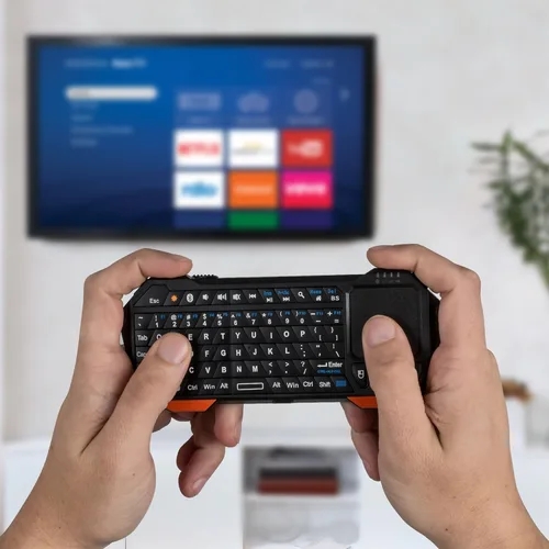 Vista 2 de Fosmon Mini teclado Bluetooth (teclado QWERTY), inalámbrico, portátil, con panel táctil, compatible con Apple TV, Amazon Fire Stick, PS4, PS4 Pro