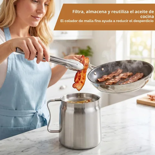 Vista 9 de Recipiente de Filtro de Aceite de 2L para Guardar Grasa de Tocino con Colador, Recipiente de Grasa de Tocino de Acero para Verter de 68oz de Gran
