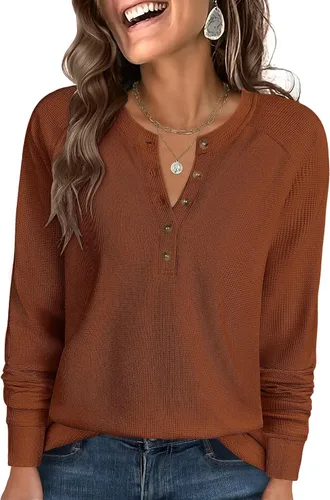 Vista 15 de ANRABESS Camisas de manga larga Henley de punto gofre para mujer Negro