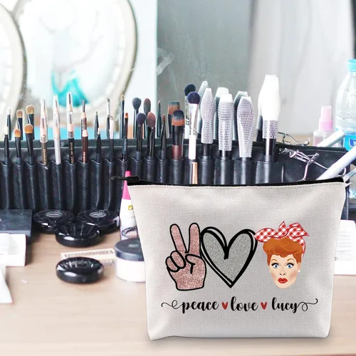 Vista 7 de POFULL Regalo inspirado en programas de televisión Lucy Fan Gift Peace Love Lucy Maquillaje Bolsa con cremallera para mujer
