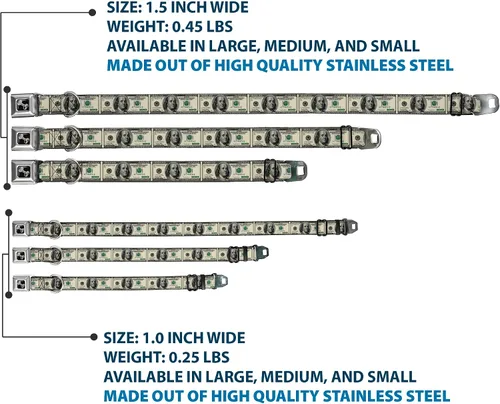 Vista 3 de Buckle-Down Collar de perro con hebilla de cinturón de seguridad, billetes de 100 dólares, 1 pulgada de ancho, se adapta a cuello de 9 a 15