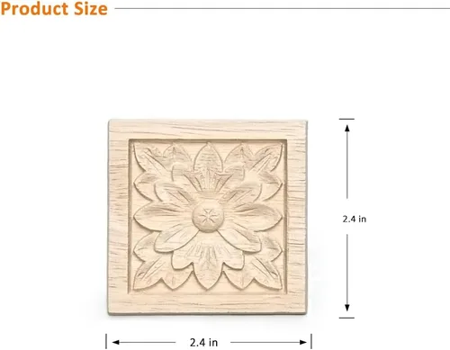 Vista 3 de 10 piezas decorativas de madera tallada con flores onlays, 2.4 x 2.4 pulgadas sin pintar, calcomanía cuadrada de madera maciza sin pintar
