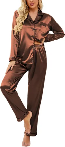 Vista 17 de Ekouaer - Conjunto de pijama de satén de seda clásico con botones para mujer, de manga larga Verde militar