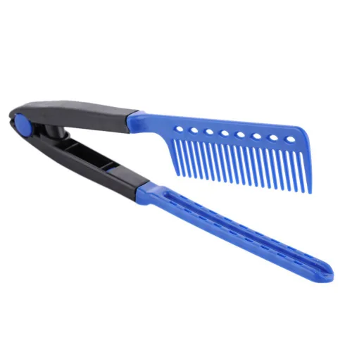Vista 2 de Bricolaje Salón Cepillo Peines Peluquería Estilizador de pelo Plancha de pelo en forma de V peine recto (azul)