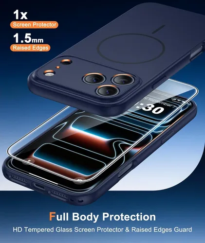 Vista 6 de FNTCASE Funda para iPhone 17 Pro: [Compatible con Magsafe] Fundas sólidas mate 17 Pro azul con protector de pantalla