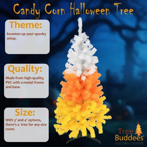 Vista 2 de Tree Buddees Árbol de Halloween de maíz caramelo blanco naranja y amarillo (3 pies)