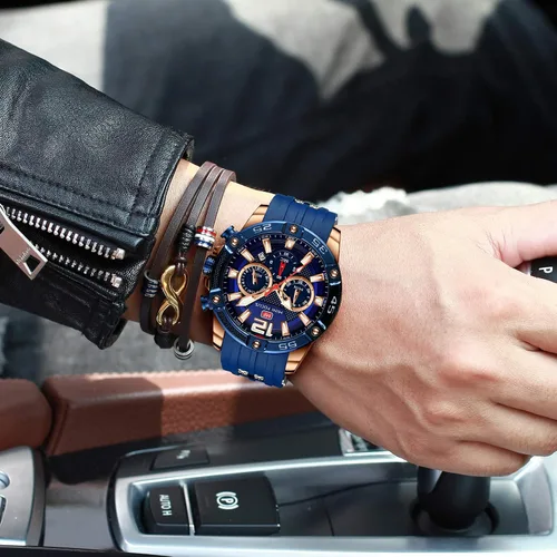Vista 3 de MINIFOCUS - Reloj de pulsera analógico de cuarzo con esfera grande, correa de silicona azul, calendario, fecha, calendario