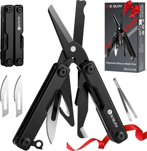 Vista 13 de BIBURY Mini Llavero Multiherramienta Tijeras BI2061R, 9 en 1 Multiherramienta EDC Tijeras con Destornillador, Abrebotellas, Cuchillo de Bolsillo
