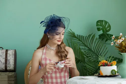 Vista 6 de Sombreros inspirados en el estilo de los años 20 y 50, sombrero pastillero, sombrero de cóctel, fiesta de té, sombrero con velo para niñas y mujeres