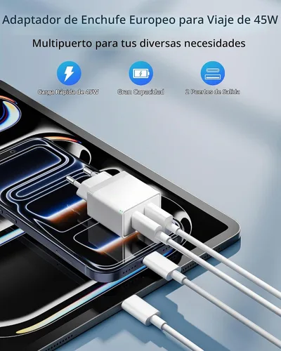 Vista 8 de adaptador europeo del enchufe del viaje 45W, cargador rápido del USB C del convertidor de corriente de 2 puertos