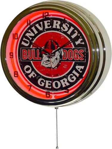 Vista 2 de University of Georgia Logo Sign Reloj de pared iluminado neón cromado rojo