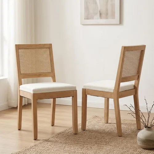 Vista 12 de French Country Dining Chairs Set of 2, Linen Upholstered Cane Back, Amber Soft linen upholstered seat with thick foam padding provides comfortable