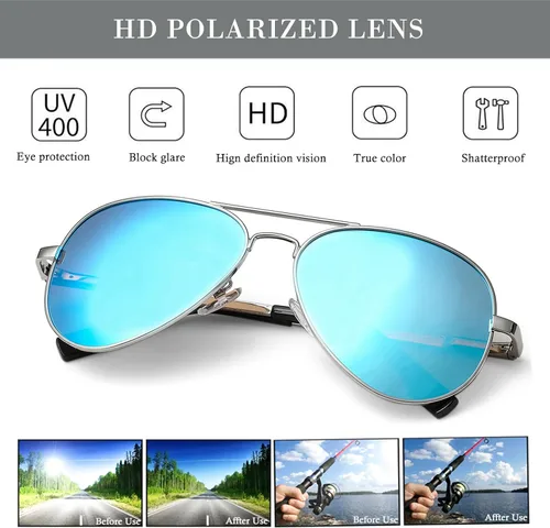Vista 6 de HJSTES Lentes de sol polarizados estilo aviador para mujeres y hombres, lentes de espejo de metal clásicos, 100% bloqueo UV, 2.283 in
