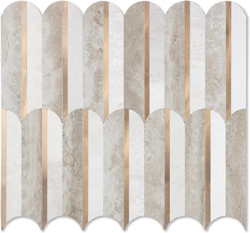 Vista 14 de 10 hojas de escamas de pescado para despegar y pegar para azulejos de pared de cocina, 12 pulgadas, mármol marrón, mezcla de metal dorado, azulejos