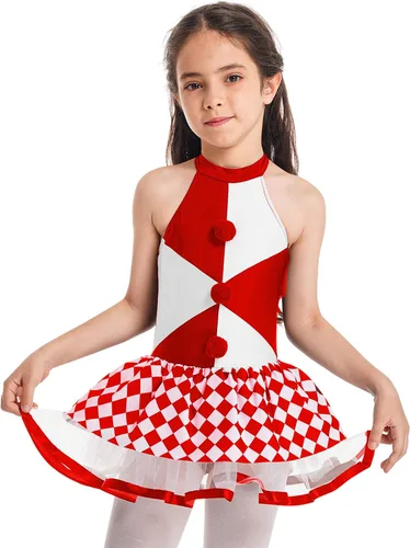 Vista 3 de JEATHA Vestido de leotardo de malla sin mangas con tutú para niñas, disfraz de payaso para Halloween, espectáculo de circo