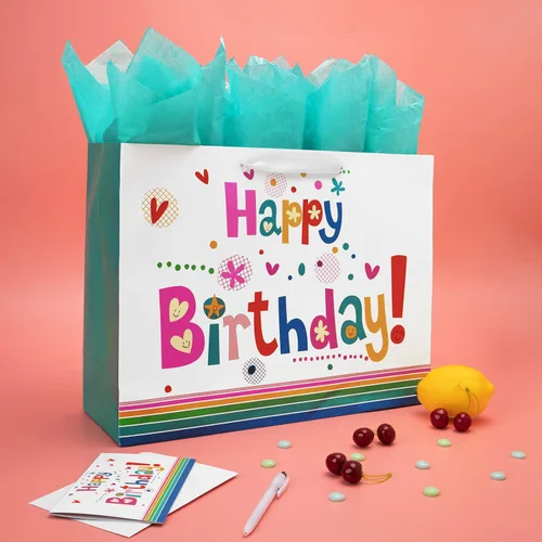 Vista 5 de Qirrmiy Juego de bolsas de regalo extra grandes de 16.5 pulgadas con tarjeta de felicitación y papel de seda verde (lindo "Happy Birthday")