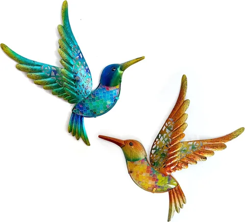 Vista 8 de HONGLAND Arte de pared de colibrí de metal de 15 pulgadas, escultura de pared de pájaros de metal, decoración de jardín, estatua al aire libre