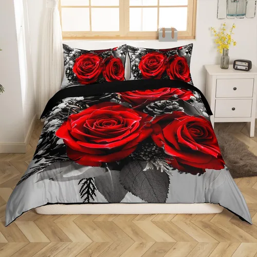 Vista 13 de Juego de funda de edredón de rosa roja, tamaño matrimonial, juego de ropa de cama floral color rojo degradado y negro para niñas, mujeres, niños