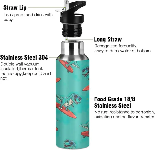 Vista 3 de Cute Funny Dinosaurs Green Stainless Steel Vacuum Insulated Water Bottle 32 Oz, BPA-Free Sport Water Bottle Leakproof Water Bottles