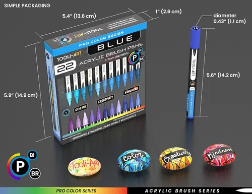 Vista 8 de TOOLI-ART Juego de 22 rotuladores de pintura acrílica con punta de pincel flexible de 1 a 0.276 in para pintura de rocas, vidrio, tazas, madera, Azul