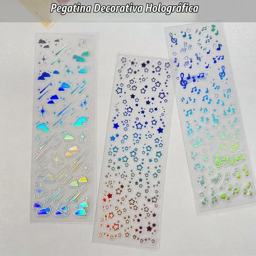 Vista 2 de 24 hojas de calcomanías holográficas Kpop, calcomanías coreanas para fotocartas, autoadhesivas, con purpurina transparente, estrellas, lunas