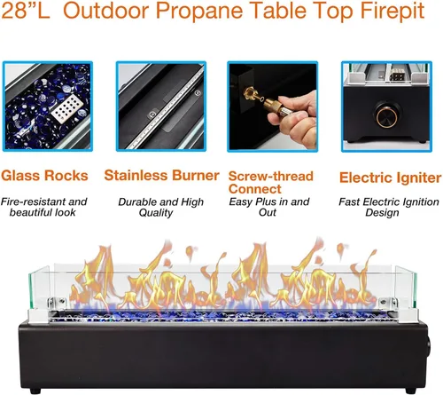 Vista 7 de Fogata de propano de mesa de 28 pulgadas, hoguera de mesa de 40,000 BTU para patio, cuenco de fuego rectangular portátil al aire libre con escudo