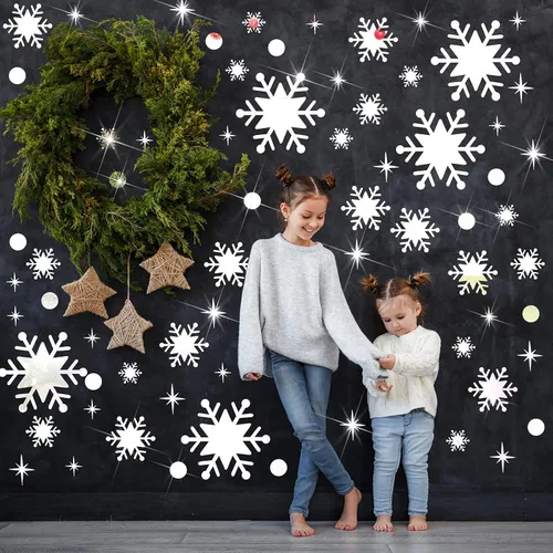 Vista 4 de Outus 193 calcomanías de pared de espejo de copo de nieve de Navidad, calcomanías de pared extraíbles de espejo acrílico 3D, decoración