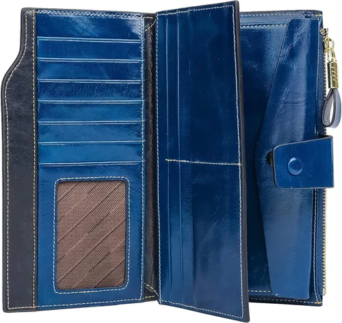 Vista 6 de YALUXE Cartera de piel auténtica para mujer, con bloqueo RFID, tarjetero múltiple con bolsillo para teléfono celular