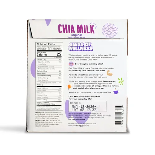 Vista 3 de Seeds of Wellness - Chia Milk Original, Vegan, Plant-Based, Non-Dairy, 740 mg Omega-3, 4g Fiber, 3g Protein, Zero Sugar, Smooth Texture, Low