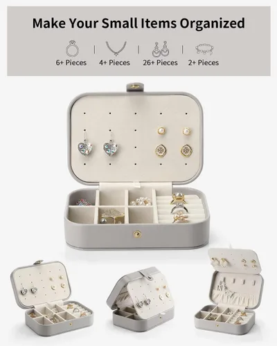 Vista 4 de Vlando Joyero pequeño, organizador de joyas de viaje para aretes, collar, anillo, organizador de joyas de viaje portátil de doble capa para mujeres