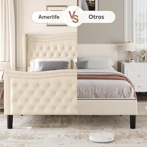 Vista 8 de Marco de Cama Full con Cabecera y Pie de Cama Altos, Marco de Cama Plataforma Tapizada en Terciopelo con Acolchado de Botones Profundos Tipo Beige