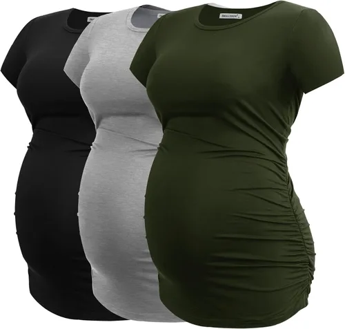 Vista 25 de Smallshow - Camiseta de maternidad para mujer, lados fruncidos, tipo túnica, prendas para el embarazo Verde militar-negro-gris profundo