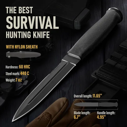 Vista 3 de Cuchillo táctico de supervivencia con funda, hoja fija de espiga completa de 6.5 pulgadas, borde dentado, cuchillo de caza con mango de goma
