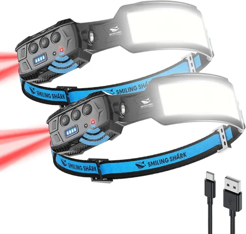 Vista 8 de Smiling Shark Faro, Lámpara de Cabeza Led Recargable 6 Modos 7*Luces Blancas 270 ° Iluminación de Luz de Cola Roja para Camping Pesca Correr