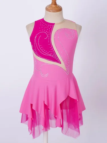 Vista 3 de YiZYiF Vestido de patinaje sobre hielo sin mangas con diamantes de imitación para niñas y niñas, vestido de baile de patinaje sobre ruedas, disfraz