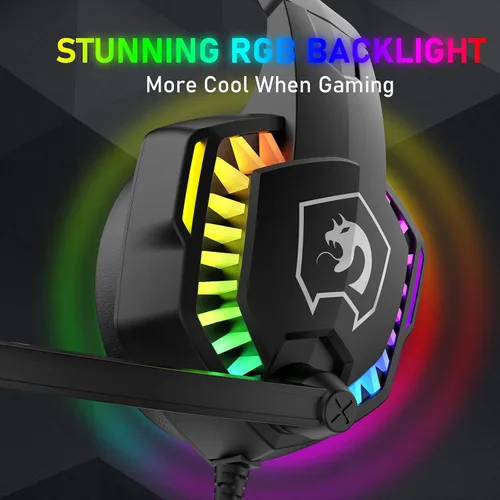 Vista 7 de Auriculares con cable para juegos con retroiluminación RGB arco iris, micrófono retráctil con aislamiento de ruido, sonido estéreo, graves