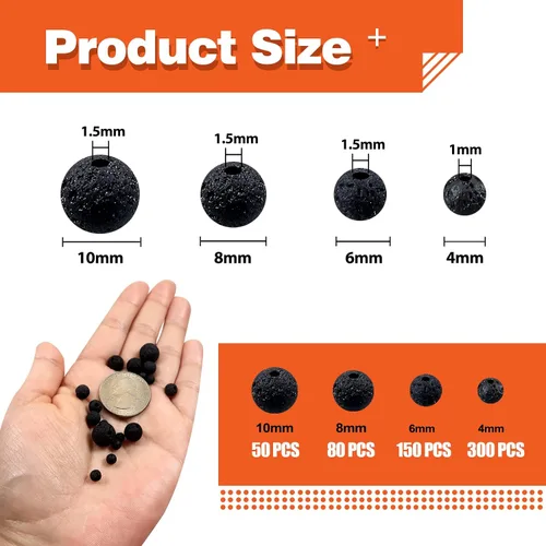 Vista 2 de TOAOB - 580 cuentas de lava natural volcánica negra de 0.157 in, 0.236 in, 0.315 in, 0.394 in, cuentas de piedras preciosas sueltas para decoración