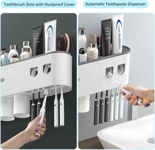 Vista 2 de Soporte para cepillos de dientes montado en la pared con 2 dispensadores automáticos de pasta de dientes, soportes para cepillos de dientes