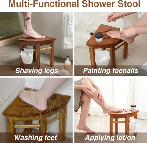 Vista 7 de Lovitgo Taburete de ducha de teca de 12 pulgadas para afeitarse piernas, taburete de ducha de esquina para ducha interior, banco de ducha de teca