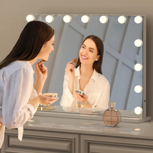 Vista 6 de Espejo de tocador de maquillaje con luces, 10 x 15 bombillas LED regulables, 3 modos de color, control táctil para dormitorio, mesa o pared