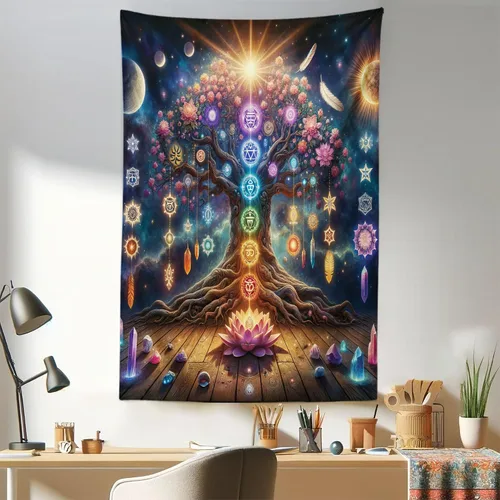 Vista 188 de Ambesonne Tapiz hippie, abrazo de hongos de ensueño y árbol de la vida místico y mandal verde, decoración de tela para colgar en la pared