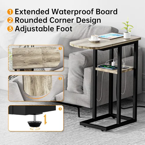 Vista 7 de eiskah - Mesa de extremo C con estación de carga, mesa lateral en forma de C para sofá, mesa para sala de estar, dormitorio, mesa para laptop
