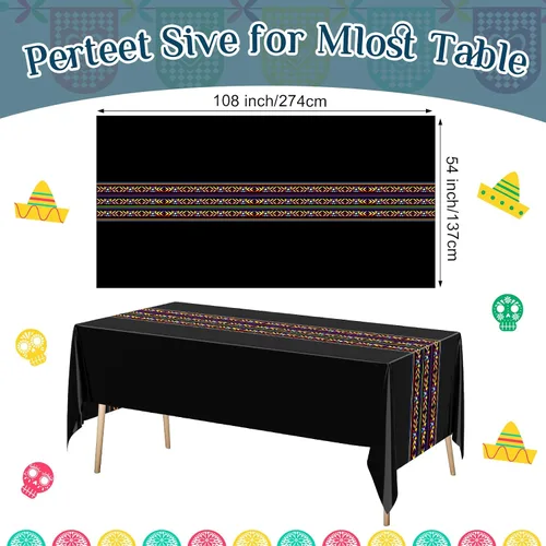 Vista 3 de Oudain Mantel de plástico para fiesta mexicana, 6 unidades, 108 x 54 pulgadas, tejido arcoíris, desechable, impermeable, festivo, para decoración