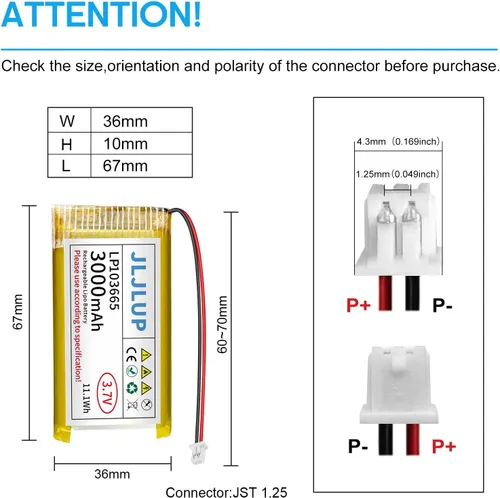 Vista 3 de Batería Lipo de 3.7 V 3000 mAh Baterías recargables de polímero de litio con cable JST1.0.984 in Conector Circuito de protección integrado